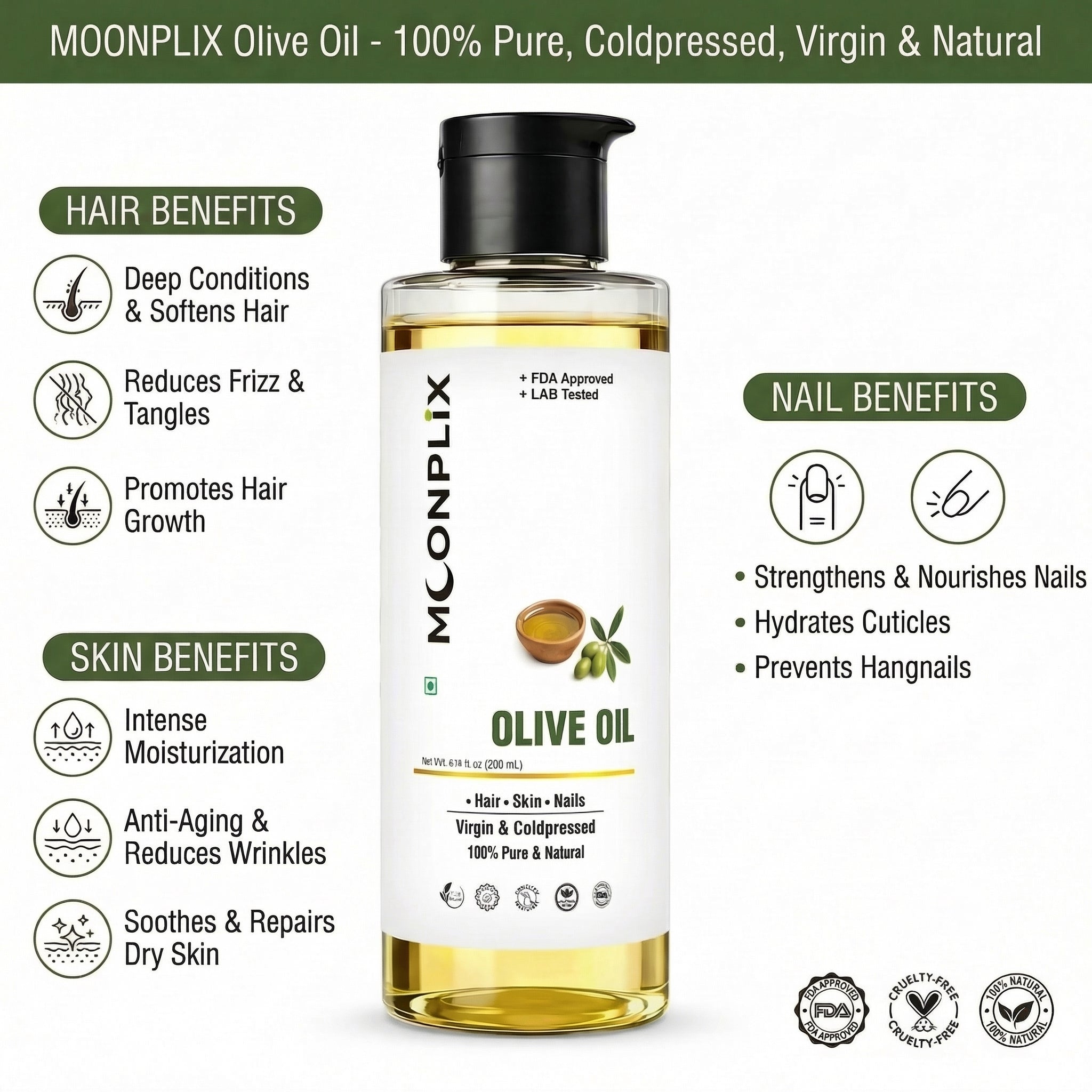 MOONPLIX Cold Pressed Olive Oil - 100% Pure & Hexane Free Hair Oil (200 ml)