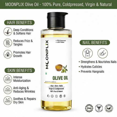 MOONPLIX Cold Pressed Olive Oil - 100% Pure & Hexane Free Hair Oil (200 ml)